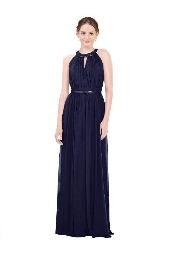 Soft Chiffon A-Line Long Sleeveless Dark Navy Bridesmaid Dresses Barrie