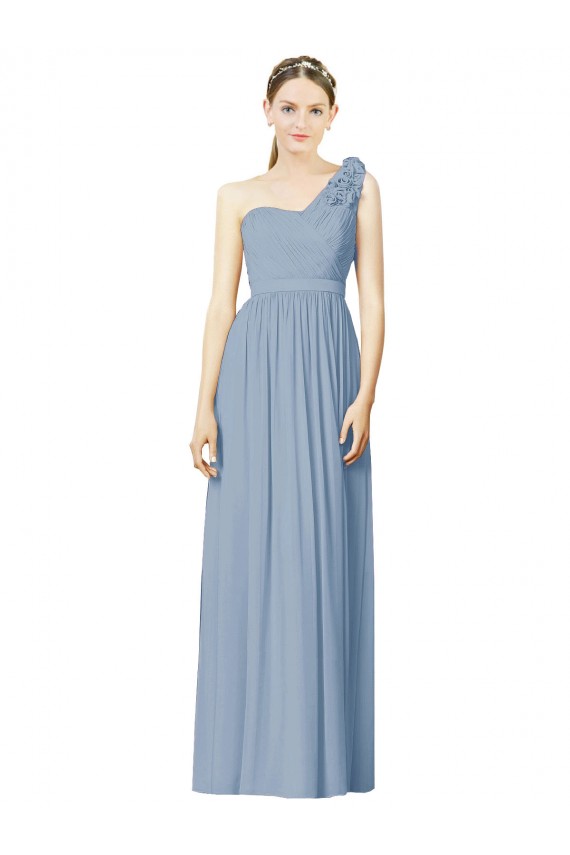Soft Chiffon A-Line Long Sleeveless Dusty Blue Bridesmaid Gowns Barrie