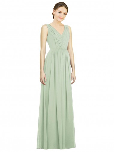 Soft Chiffon A-Line Long Sleeveless Sage V-Back Bridesmaid Dress Barrie