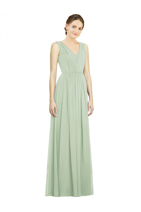 Soft Chiffon A-Line Long Sleeveless Sage V-Back Bridesmaid Dress Barrie