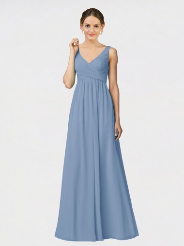 Soft Chiffon A-Line Long Sleeveless Dusty Blue Bridesmaid Gown Barrie