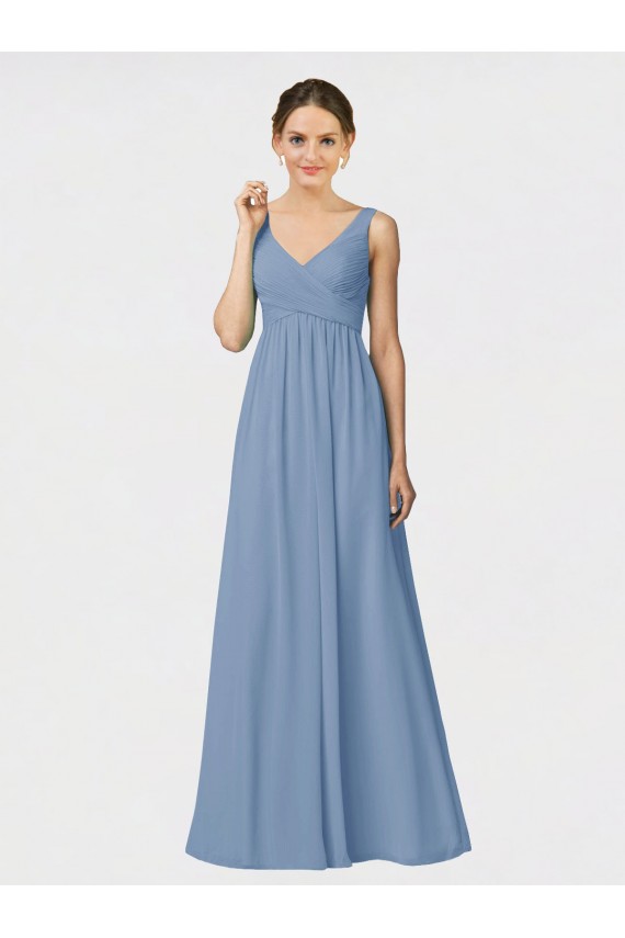 Soft Chiffon A-Line Long Sleeveless Dusty Blue Bridesmaid Gown Barrie