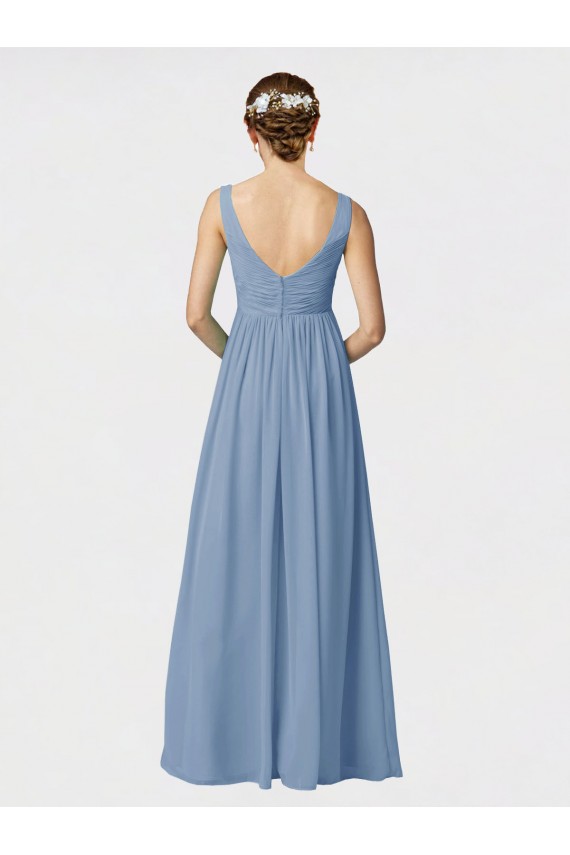 Soft Chiffon A-Line Long Sleeveless Dusty Blue Bridesmaid Gown Barrie