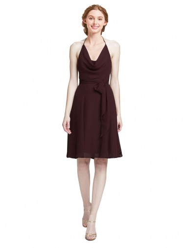 Soft Chiffon A-Line Knee Length Sleeveless Burgundy Gold Cocktail Dresses Barrie