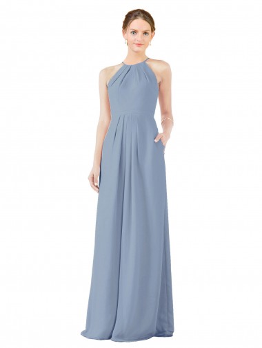Soft Chiffon Sheath Long Sleeveless Dusty Blue Keyhole Back Bridesmaid Dress Barrie