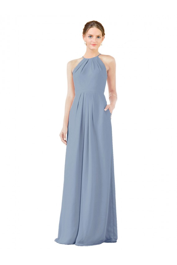 Soft Chiffon Sheath Long Sleeveless Dusty Blue Keyhole Back Bridesmaid Dress Barrie