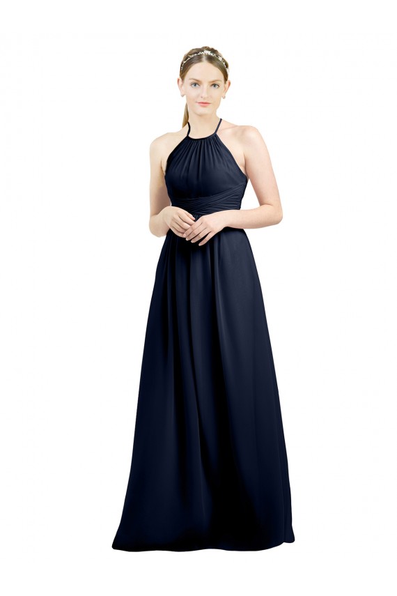 Soft Chiffon A-Line Long Sleeveless Dark Navy Open Back Evening Gowns / Bridesmaid Dress Barrie