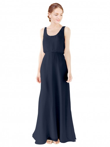 Soft Chiffon A-Line Long Sleeveless Dark Navy Open Back Bridesmaid Dress Barrie