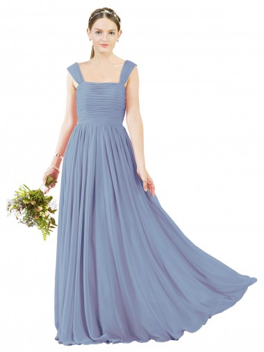 Soft Chiffon A-Line Long Dusty Blue Open Back Bridesmaid Dress Barrie