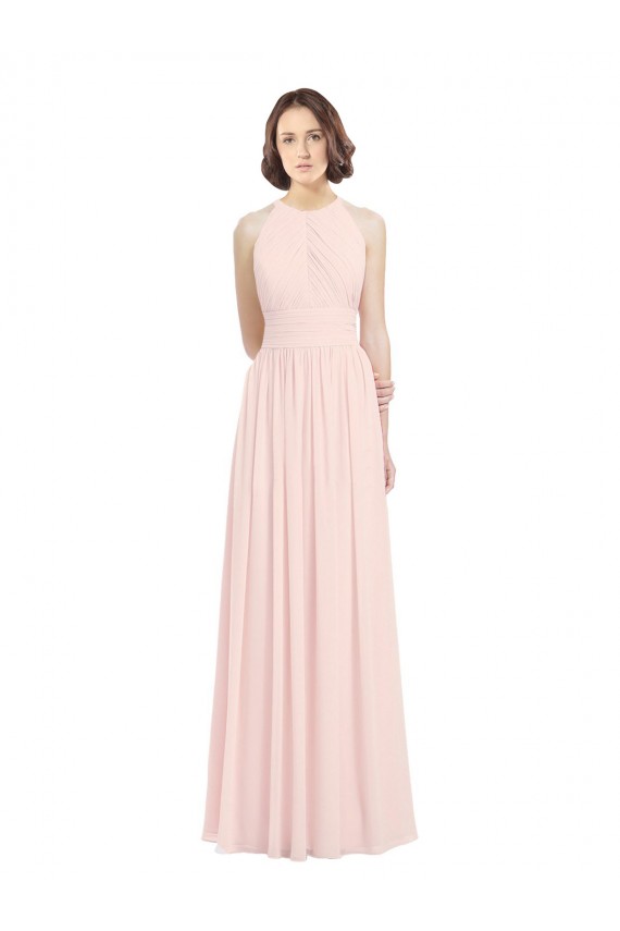 Soft Chiffon A-Line Long Sleeveless Pink Keyhole Back Bridesmaid Dress Barrie