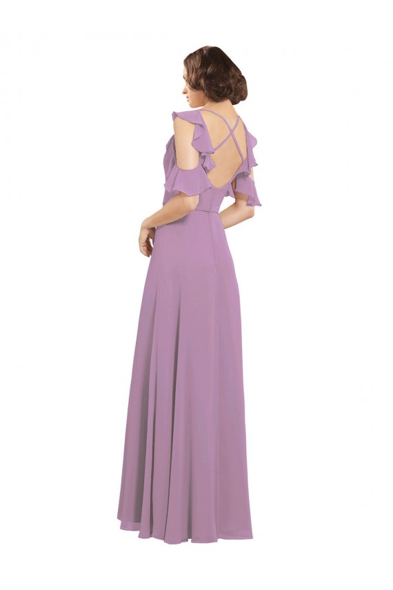Soft Chiffon A-Line Long Cold Shoulder Criss Cross Back Bridesmaid Dresses Barrie