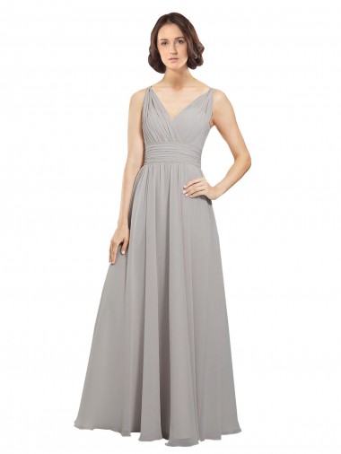 Soft Chiffon A-Line Long Sleeveless Oyster Silver V-Back Bridesmaid Dress Barrie