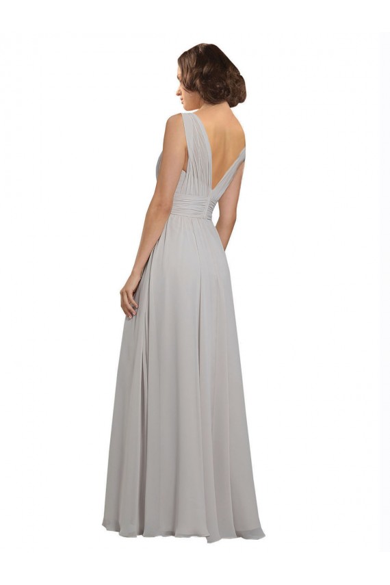 Soft Chiffon A-Line Long Sleeveless Oyster Silver V-Back Bridesmaid Dress Barrie
