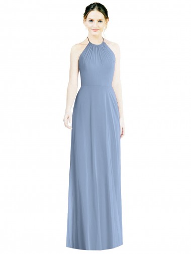 Chiffon A-Line Long Floor Length Sleeveless Low Back Dusty Blue Bridesmaid Dresses Barrie