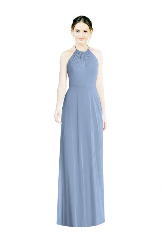 Chiffon A-Line Long Floor Length Sleeveless Low Back Dusty Blue Bridesmaid Dresses Barrie