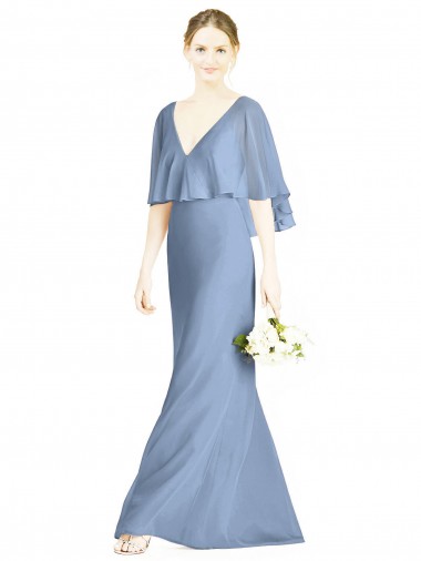 Soft Chiffon Trumpet Long Sleeveless Dusty Blue Bridesmaid Dress Barrie