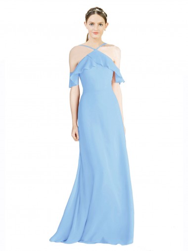 Soft Chiffon A-Line Long Cold Shoulder Low Back Formal Dress / Bridesmaid Dress Barrie
