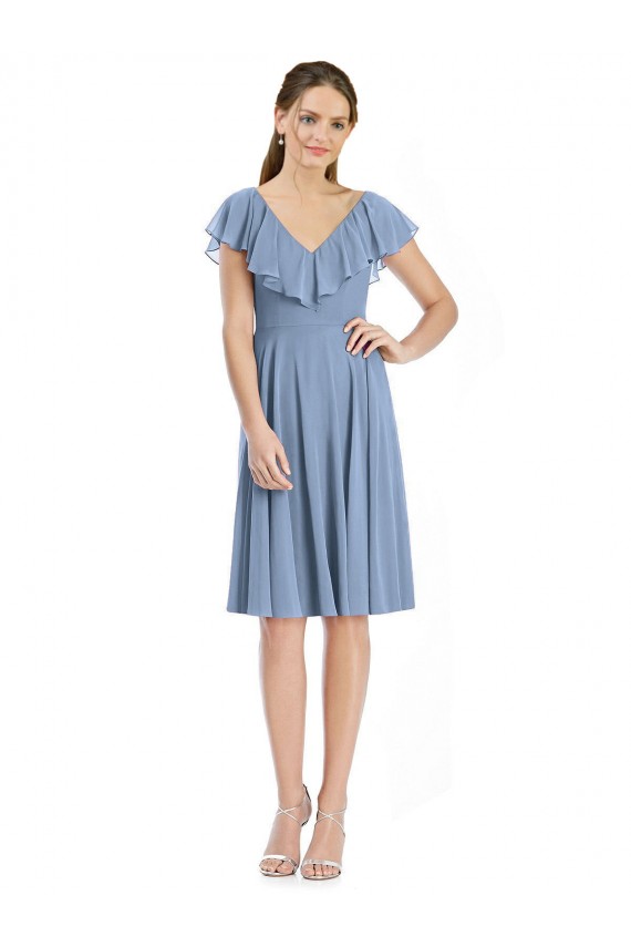 Soft Chiffon A-Line Cocktail Length Cap Sleeves V-Back Bridesmaid Dress Barrie