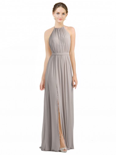 Soft Chiffon A-Line Long Sleeveless Open Back Oyster Silver Bridesmaid Dresses Barrie