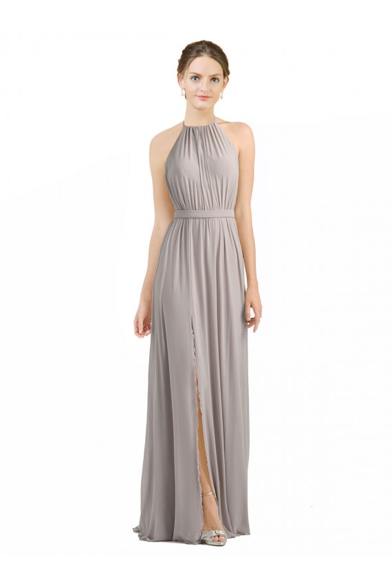 Soft Chiffon A-Line Long Sleeveless Open Back Oyster Silver Bridesmaid Dresses Barrie