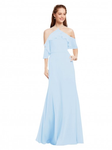 Soft Chiffon A-Line Long Cold Shoulder Light Sky Blue Bridesmaid Dresses Barrie