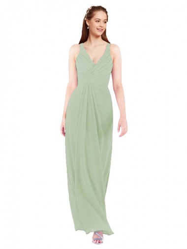 Soft Chiffon Sheath Long Sleeveless Smoke Green Keyhole Back Bridesmaid Dress Barrie