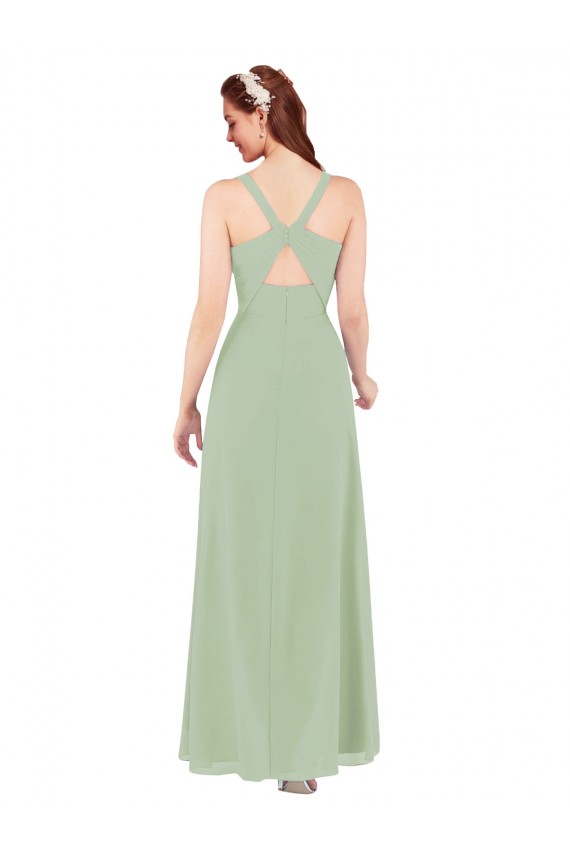 Soft Chiffon Sheath Long Sleeveless Smoke Green Keyhole Back Bridesmaid Dress Barrie