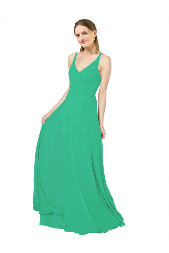 Soft Chiffon Sheath Long Sleeveless Criss Cross Back Emerald Green Bridesmaid Dresses Barrie