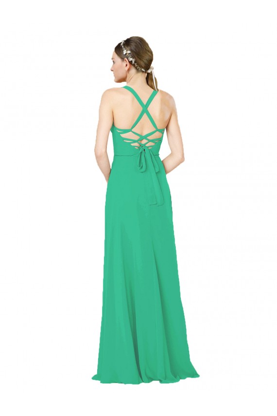 Soft Chiffon Sheath Long Sleeveless Criss Cross Back Emerald Green Bridesmaid Dresses Barrie