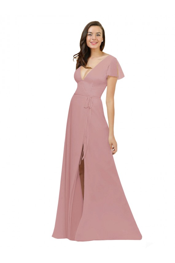 Chiffon A-Line Long Flutter Sleeves V-Back Bridesmaid Dress / Evening Dress Barrie