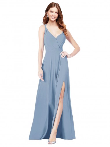 Soft Chiffon A-Line Long Sleeveless Keyhole Back Dusty Blue Bridesmaid Dresses Barrie