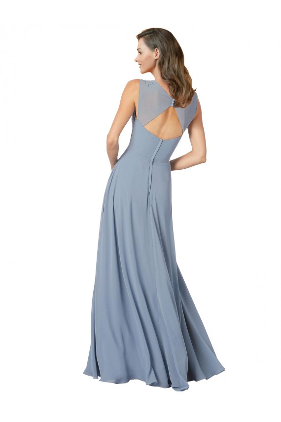 Soft Chiffon A-Line Long Sleeveless Keyhole Back Dusty Blue Bridesmaid Dresses Barrie