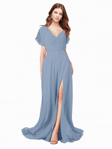 Soft Chiffon A-Line Long Cap Sleeves Black Tie Prom Dress / Bridesmaid Dress Barrie