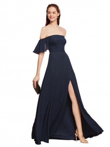 Soft Chiffon A-Line Long Sleeveless Dark Navy Prom Dresses Barrie