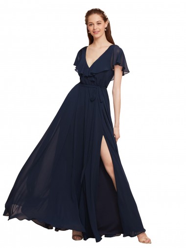 Chiffon A-Line Long Cap Sleeves V-Back High Side Slit Bridesmaid Dresses Barrie