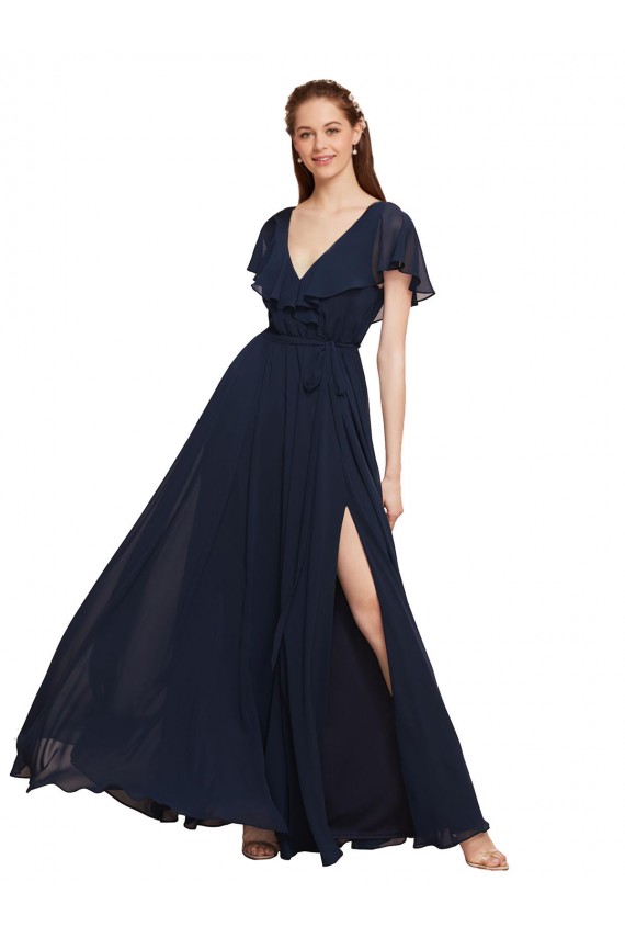 Chiffon A-Line Long Cap Sleeves V-Back High Side Slit Bridesmaid Dresses Barrie