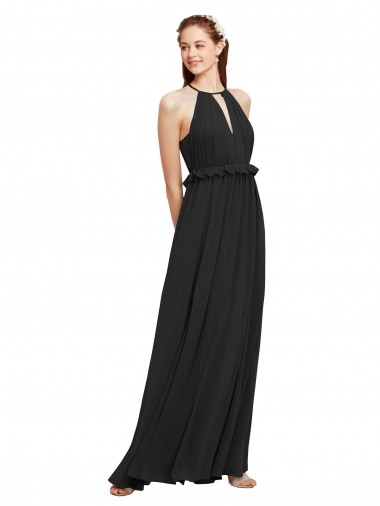 Soft Chiffon Sheath Long Sleeveless Keyhole Back Black Bridesmaid Dresses Barrie