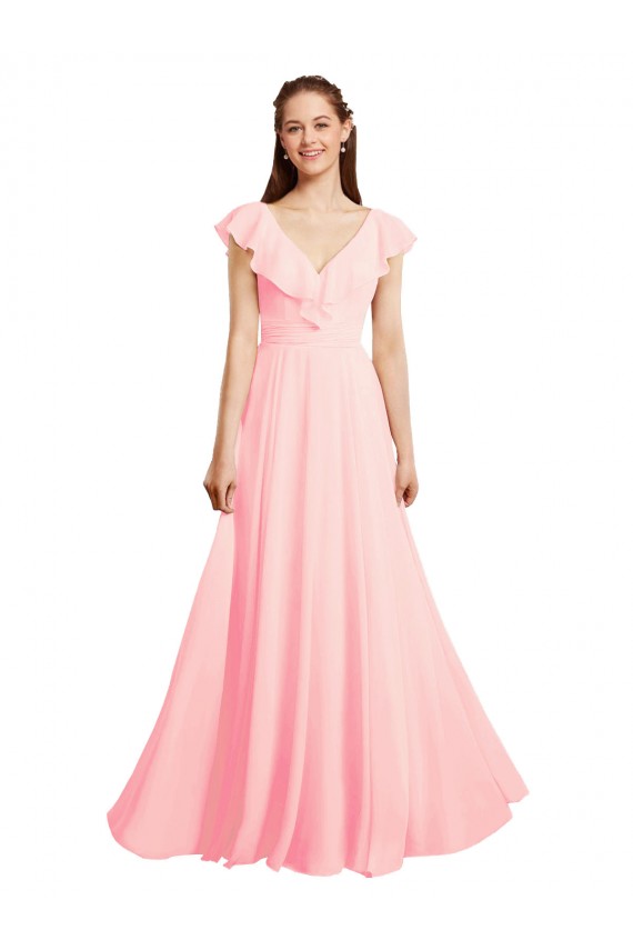 Chiffon A-Line Long Cap Sleeves V-Back Bridesmaid Dress / Evening Gowns Barrie