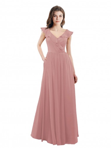 Soft Chiffon A-Line Long Cap Sleeves V-Back Dusty Pink Bridesmaid Dresses Barrie