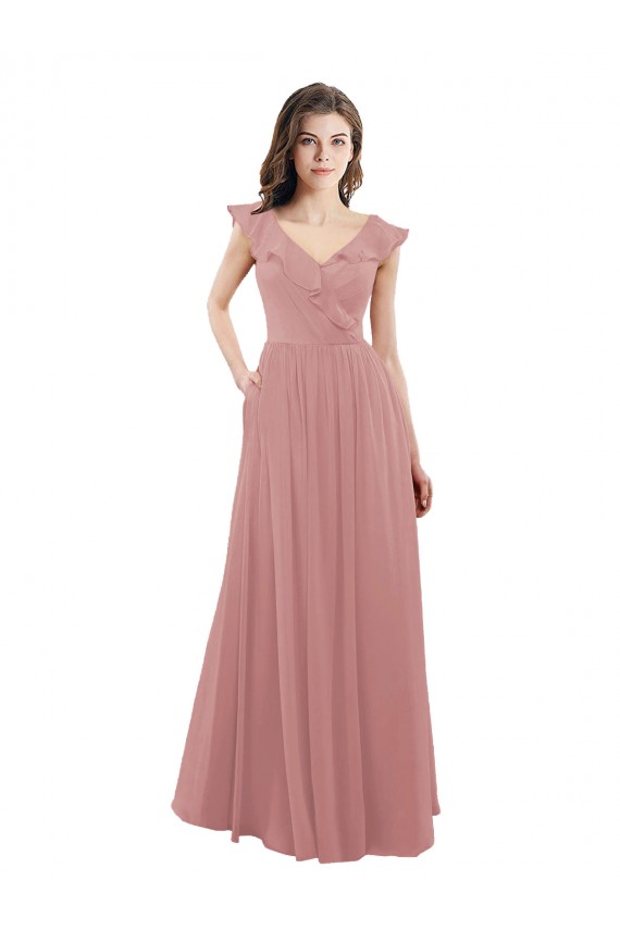 Soft Chiffon A-Line Long Cap Sleeves V-Back Dusty Pink Bridesmaid Dresses Barrie
