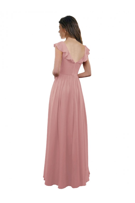 Soft Chiffon A-Line Long Cap Sleeves V-Back Dusty Pink Bridesmaid Dresses Barrie
