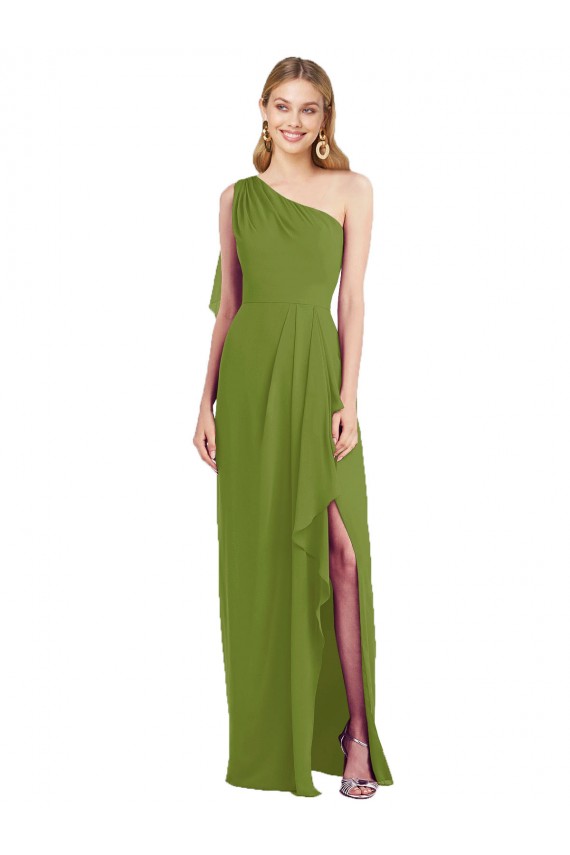 Soft Chiffon Trumpet Long Sleeveless Draped Front Slit Bridesmaid Dresses Barrie