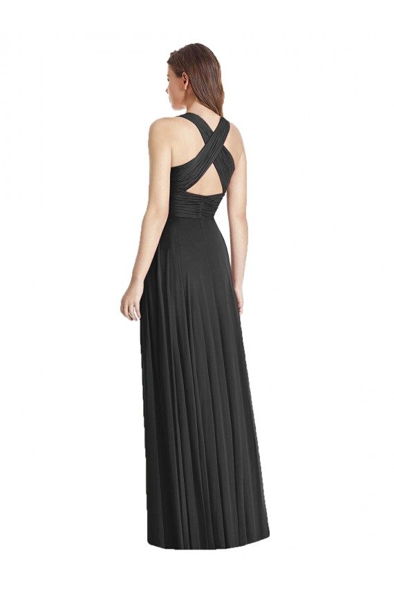 Soft Chiffon A-Line Long Sleeveless Criss Cross Back Black Bridesmaid Dresses Barrie