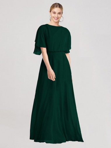 Soft Chiffon A-Line Long Flutter Sleeves Open Back Ever Green Bridesmaid Dresses Barrie