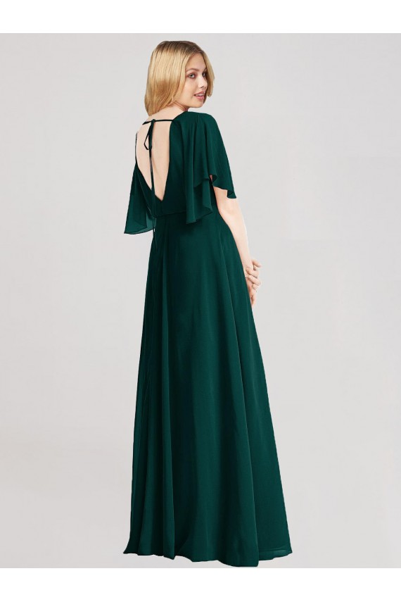 Soft Chiffon A-Line Long Flutter Sleeves Open Back Ever Green Bridesmaid Dresses Barrie
