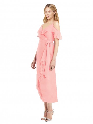 Soft Chiffon Trumpet Cocktail Length Cold Shoulder High Low Bridesmaid Dress Barrie