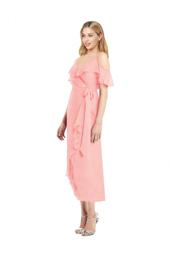 Soft Chiffon Trumpet Cocktail Length Cold Shoulder High Low Bridesmaid Dress Barrie