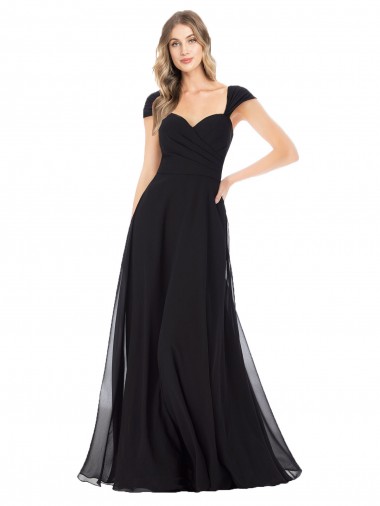 Soft Chiffon A-Line Long Cap Sleeves Black Bridesmaid Dresses Barrie