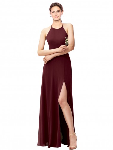 Soft Chiffon A-Line Long Sleeveless Criss Cross Back High Side Slit Bridesmaid Dresses Barrie