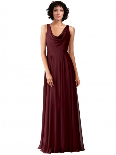 Soft Chiffon A-Line Long Sleeveless Burgundy Gold V-Back Bridesmaid Dress Barrie
